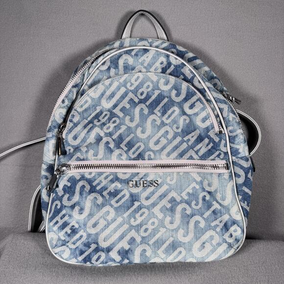Guess Mini Backpack Purse Blue Denim Silver Trim Logo Los Angeles DY699433 - Picture 1 of 12